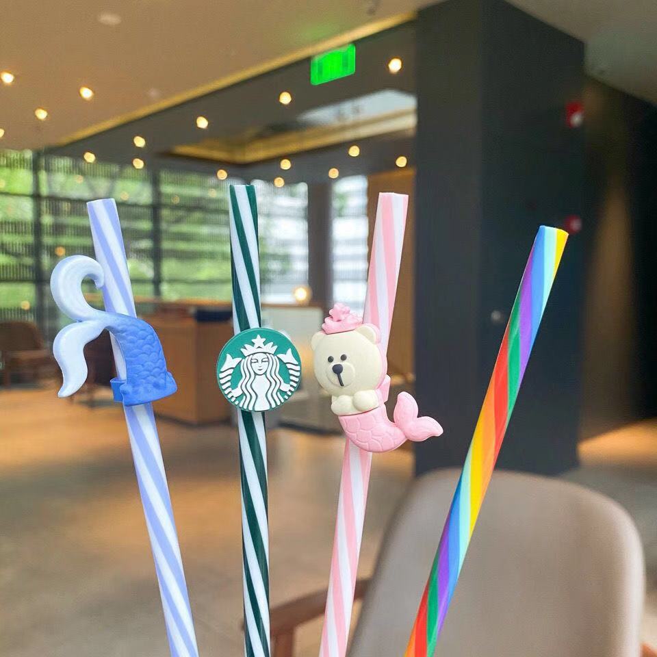 

25cm Starbucks Mermaid Bear Rainbow Straw Reuseable Plastic Straws with Straw Brush and Package 4 Colors for Choice