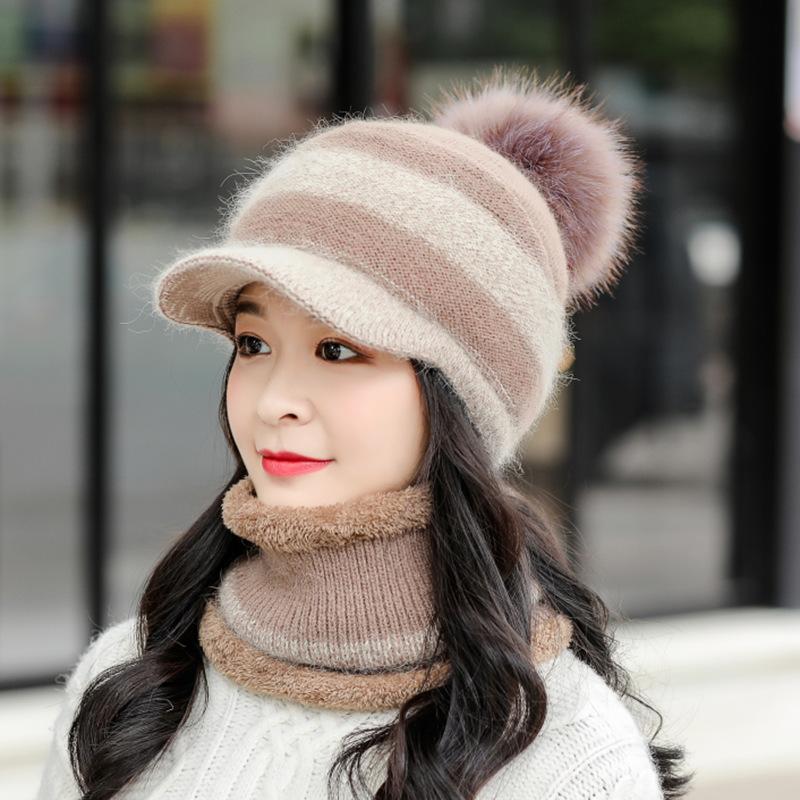 

Beanie/Skull Caps Autumn Winter Beanies Women Warm Siamese Bib Hats Female Hair Ball Cycling Keep Windproof Striped Knit Cap, Blue;gray