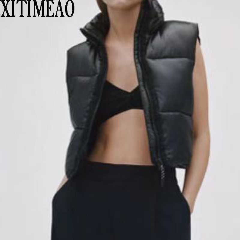 

Za Women Fashion Thick Warm Coat Vintage Pockets Drawstring Negative Sleeveless Hooded Cotton Vest Outerwear 210602, Black