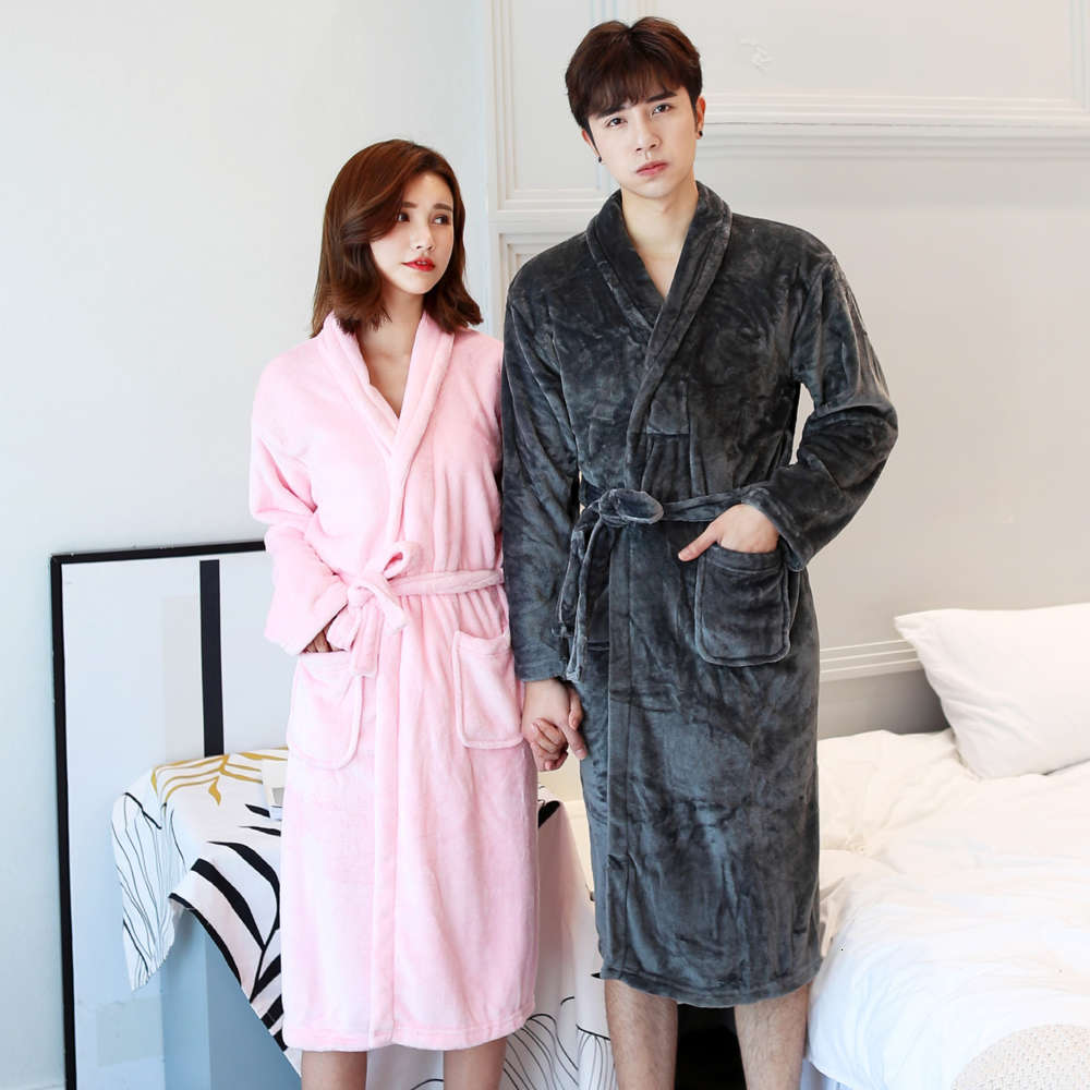 

Flannel bathrobe lovers autumn and winter coral cashmere robe men's women's home wear medium length large size