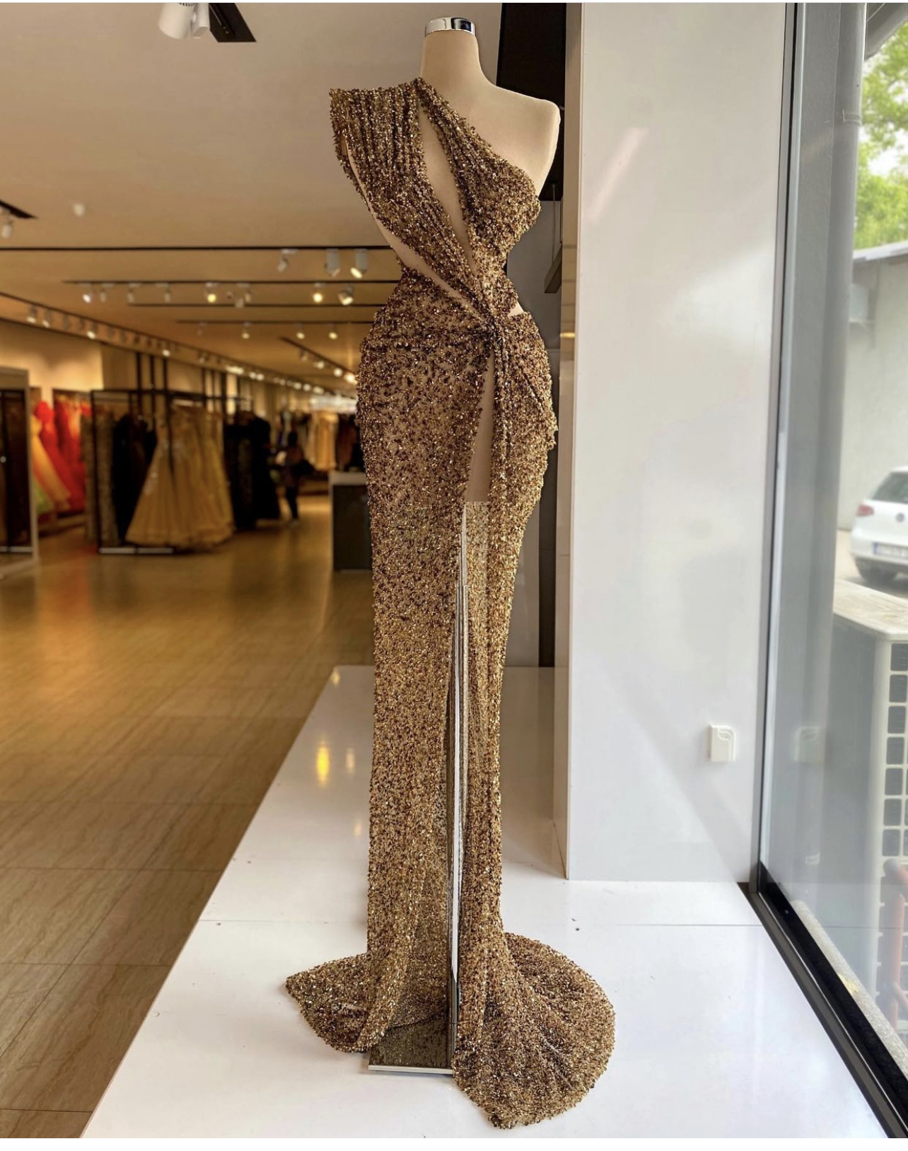 

One Shoulder Gold Sequined Evening Dresses Crystal Beaded High Side Split Formal Prom Gowns Custom Made Plus Size Pageant Wear Party Dress, Pink