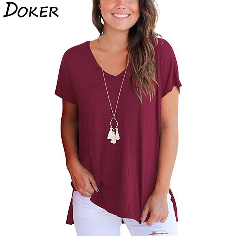 

Summer Plus Size Loose Short Sleeve T Shirt Women Casual V Neck Hem Split Tops Tee T-shirt 10 Colors 210603, Black