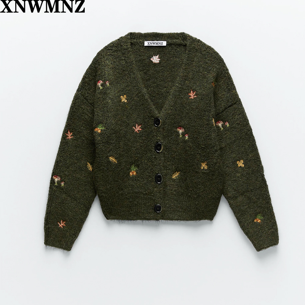 

xnwmnz za women vintage knit cardigan with embroidery long sleeves v-neck ribbed trims cardigan female elegant sweater outerwear, Black