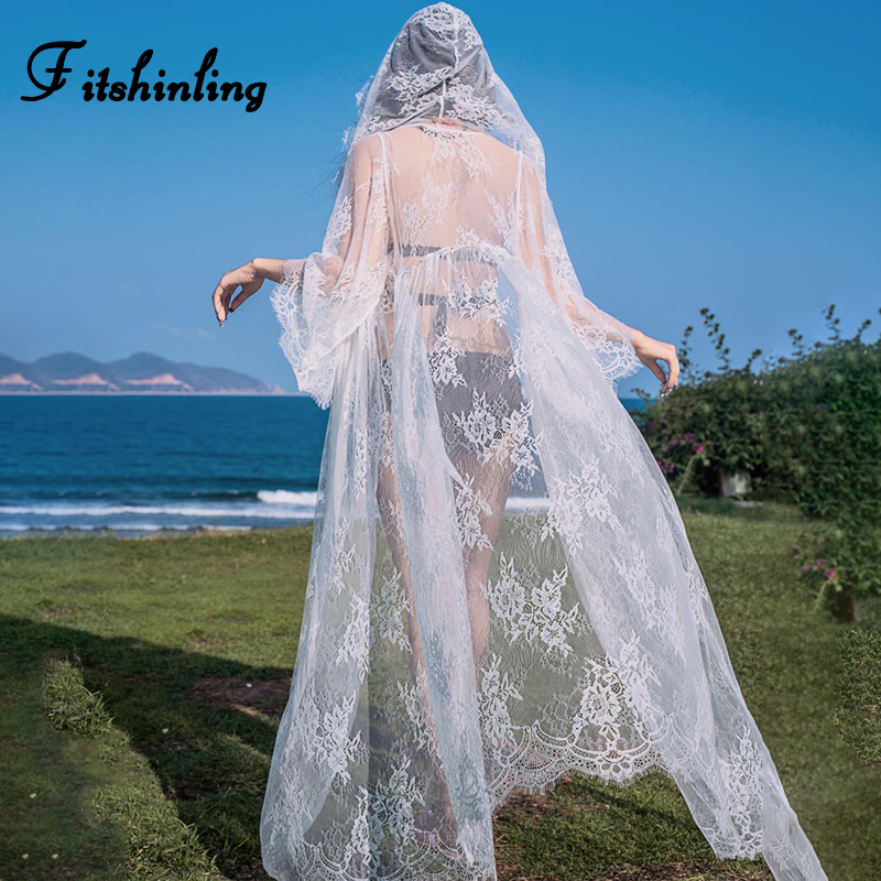 

Fitshinling Summer lace beach cover-up swimwear see through long cardigan hooded flare sleeve kimono sexy hot bikini outer cover