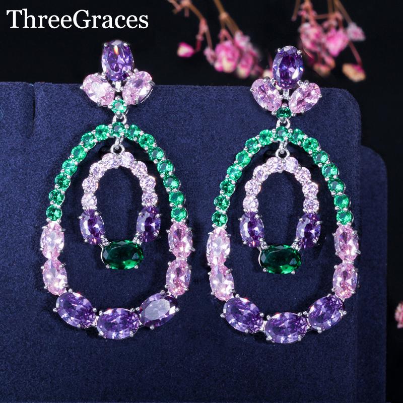 

Dangle & Chandelier ThreeGraces Hollow Out Big Water Drop Women Party Jewelry Pink Purple Green Austrian Crystal Long Bohemian Earrings ER29, Silver