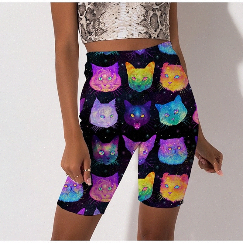 Women's Stylish Athleisure Biker Shorts Print Knee Length Pants Beach Fitness Stretchy Cat Animal Breathable Soft Mid Waist Skinny Black S M L