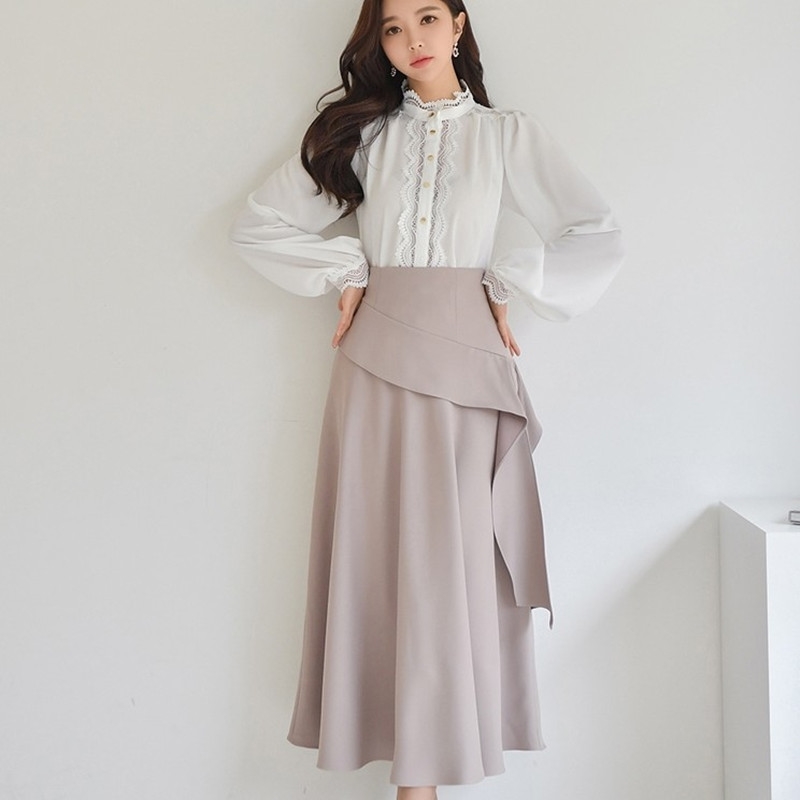 

ZAWFL Elegant Women Stand Collar White Lace Patchwork Lantern Sleeve Blouse Shirt&Hight Waist Ruffles Skirt 2 Piece Set 210603, Picture color
