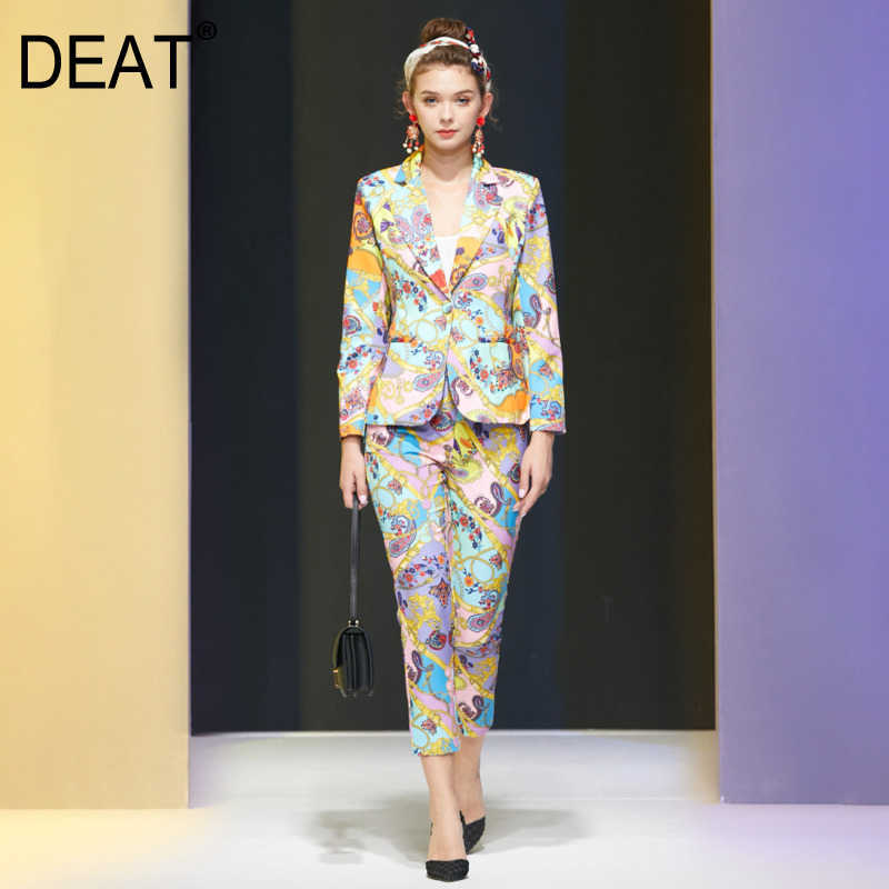 

[DEAT] Spring Fashion Long Sleeve V-neck Single Button Blazer Printing High Waist Pants Two-piece Suit Women 13C975 210527, As shown