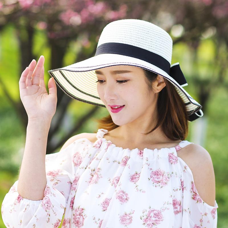 

Wide Brim Hats Women's Summer Hat Sun Beach Panama Straw Folded Outdoor Leisure Holiday Bow Cap Visors, Beige