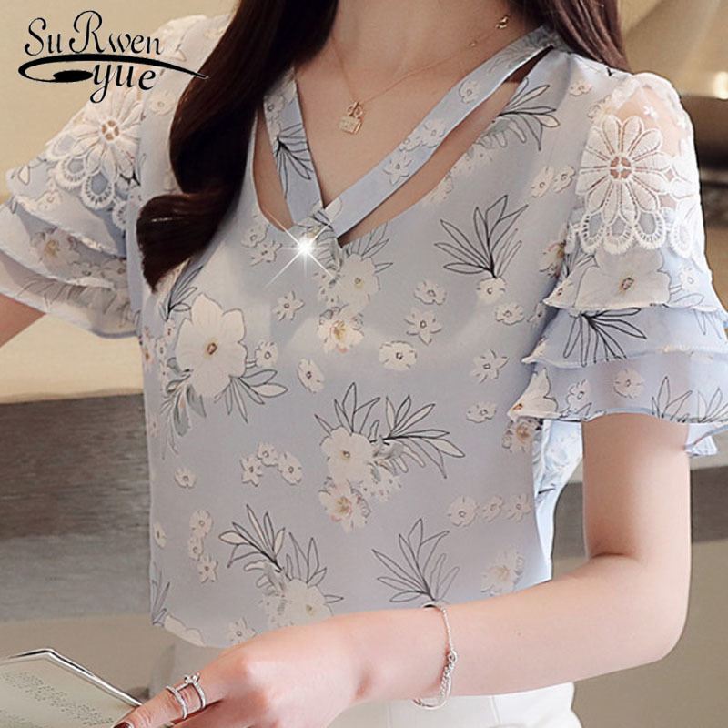 

Women Fresh blouses and tops summer chiffon short sleeve shirts V neck Lady shorts printing pattern women 3983 50 210521, Pink