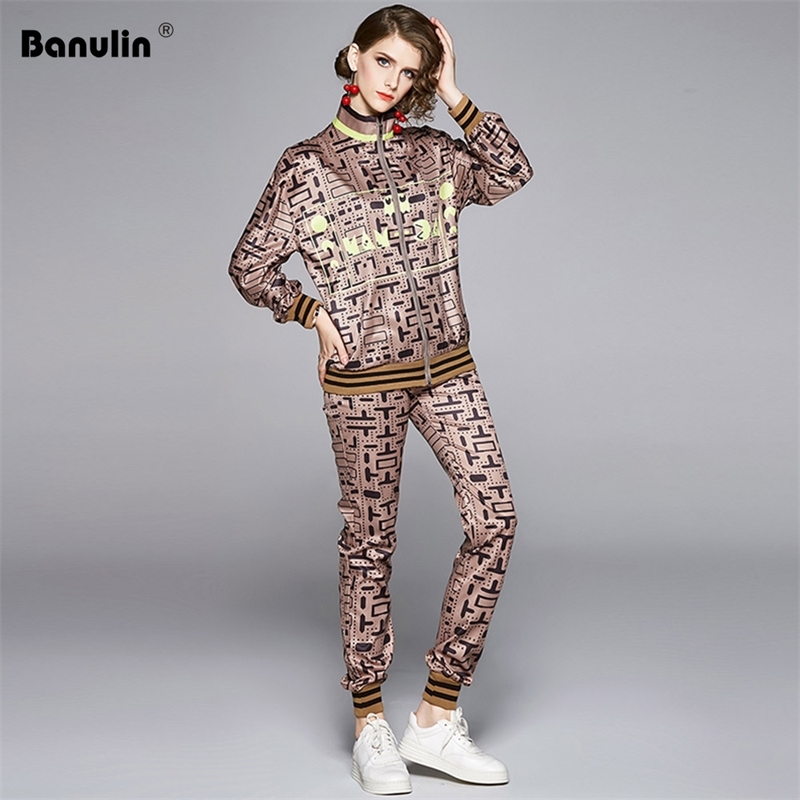

Spring Autumn Runway Luxious Printed Pants Suit Women's Loose Zipper Up Jacket Coat + Elastic Waist Trousers Two Piece set 210603, The picture color
