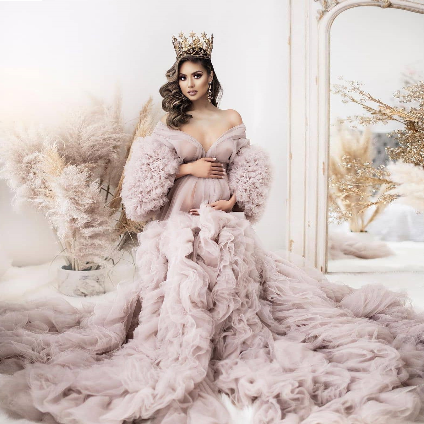 

Gorgeous Pink Prom Dress Off The Shoulder Maternity Dresses For Photo Shoot Tulle Ruffles Puffy Robe Dressing Gown Pregnancy Clothes, Brown