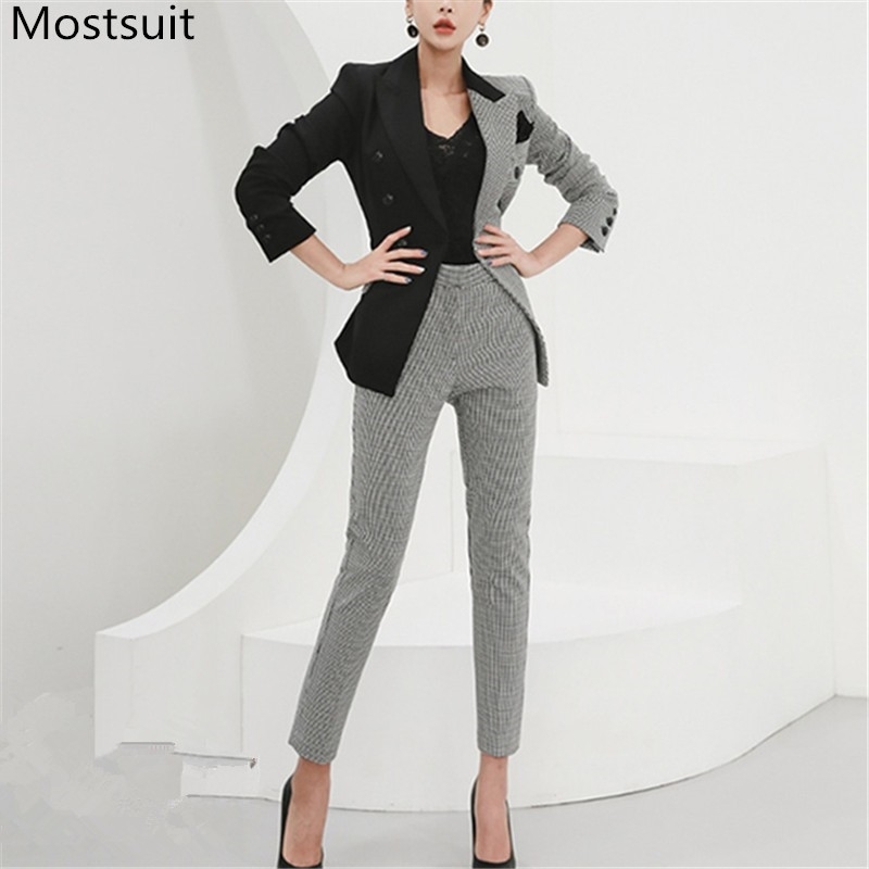 

Color-blocked Houndstooth Two Piece Set Suits Women Spring Double-breasted Blazer + High Waist Slim Pants Korean Office 210518, Picture color