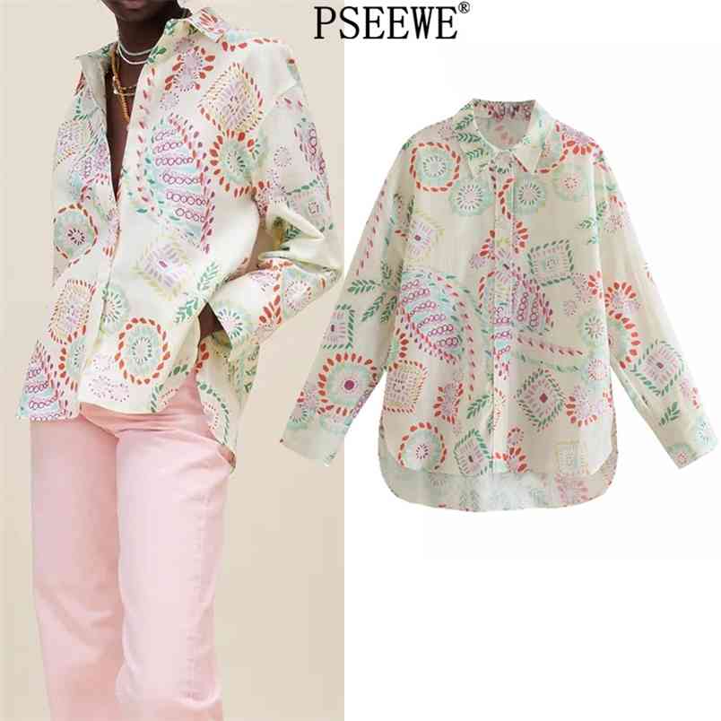 

Vintage Printed Women Shirt Fashion Long Sleeve Button Up Female Asymmetric Hem Side Vent Chic Woman Blouse 210519, Print