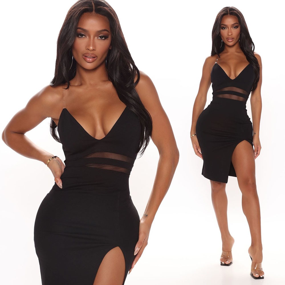 

Womens Sexy Dresses Black Night Club wear Party Dress Sheer Bodycon Dress mini Wrap Bandage V necks for Women auger slash Collar Fashion evening designer Dress casual