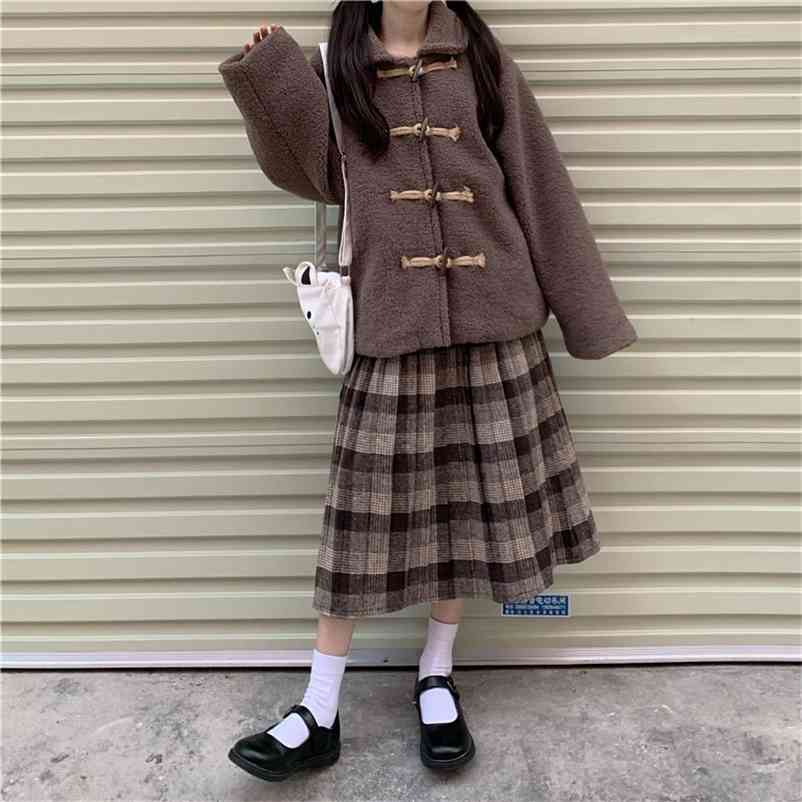 

Woman Winter Japanese 2pcs set Faux Fur Teddy Coat+Wool Plaid pleated skirt autumn Harajuku Korean cute Loose Jacket 210519