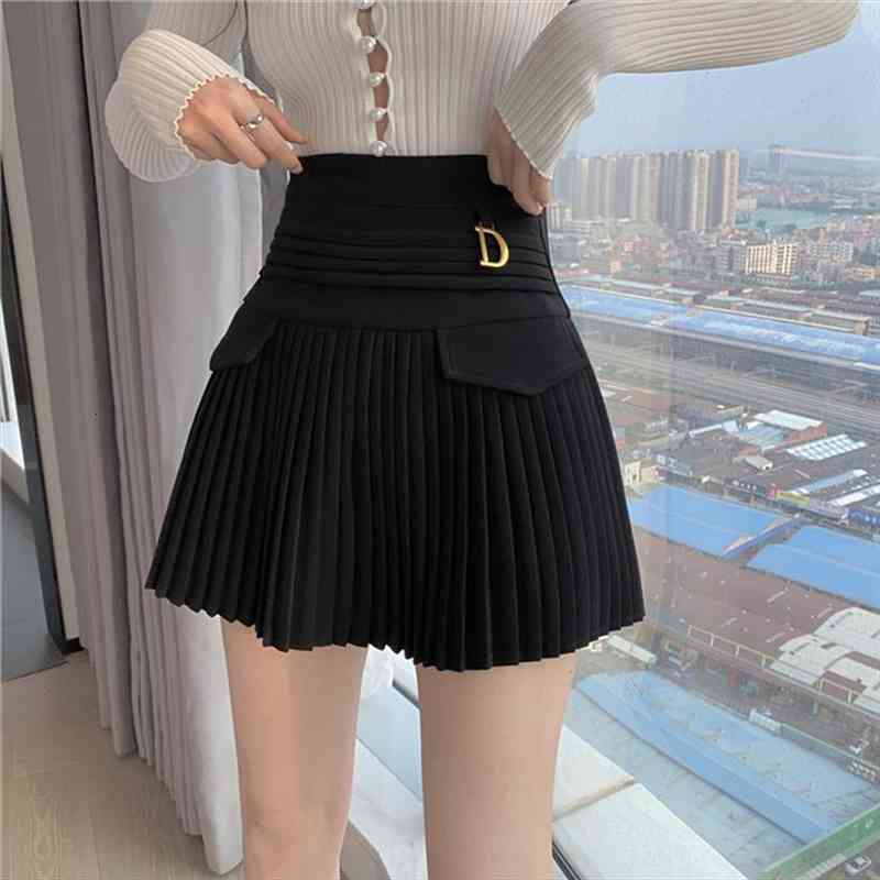 

black pleated high waist mini women skirts metal letter d design a-line clubwear korean streetwear show casual