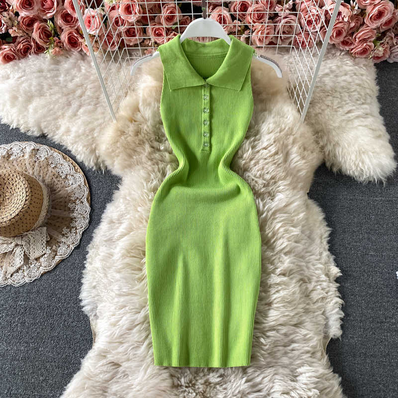 

Fashion Women Summer Dress Solid Polo Collar Sleeveless Knitted Bodycon Dress Slim Tight Fit Buttons Mini Party Dress Vestidos Y0603, Black