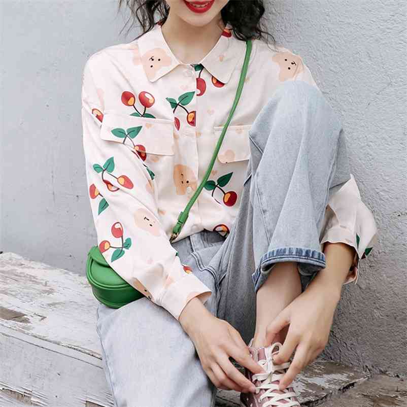 

Vintage Shirt Cute Korean Style Fashion Fruit Print Women Blusas Long Sleeve Tops Autumn Loose Button Casual 210519, Green print