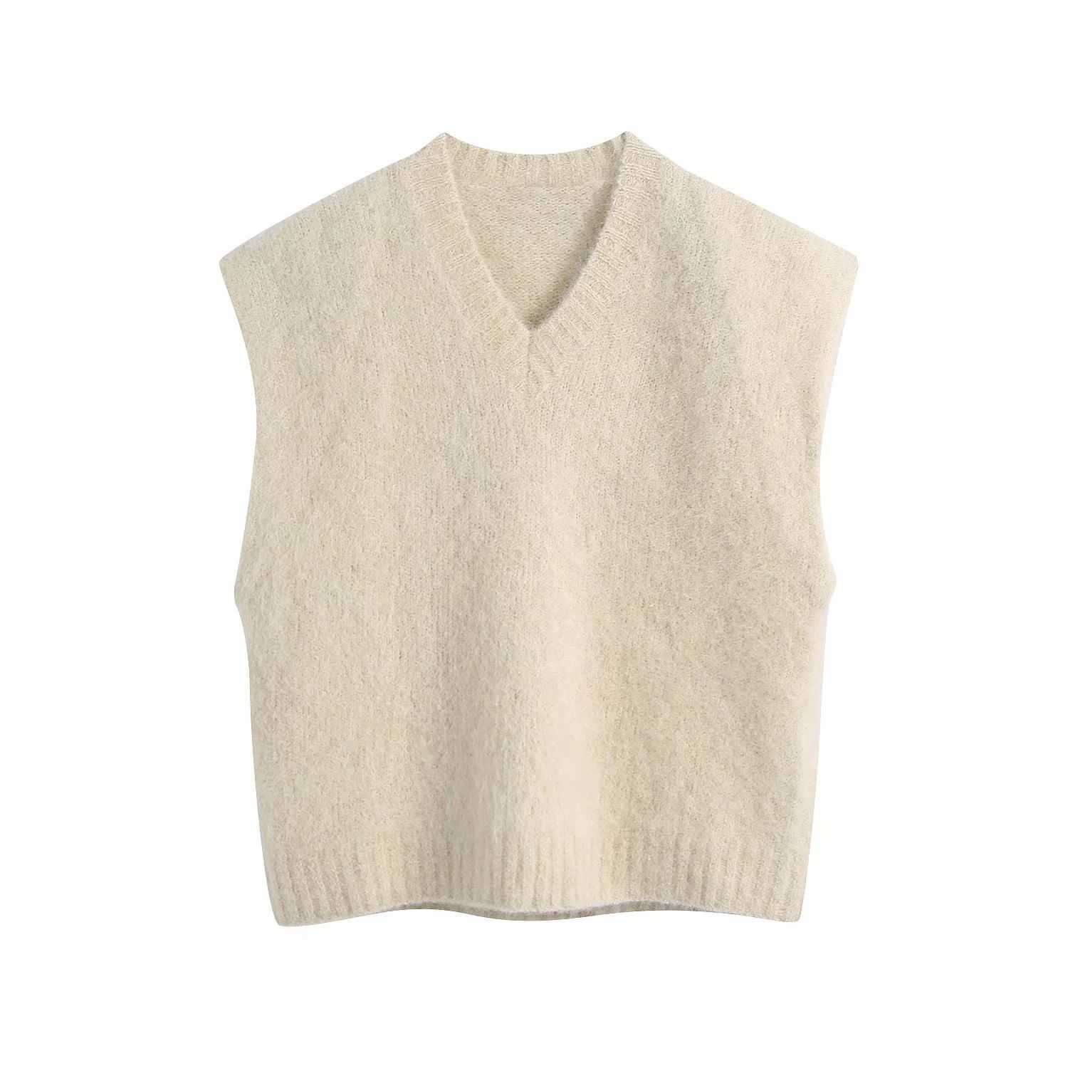 

Women Knit Vest Sweater V-Neck Warm plain Woman Sweaters Casual Fashion Vintage Pullover Tops 210709, Beige