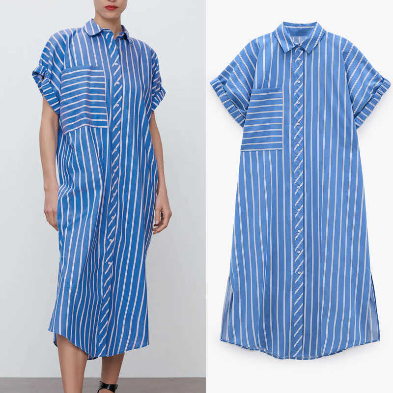 

Za Summer Blue Striped Shirt Dress Women Short Sleeve Button Up Office Lady Dresses Patch Pocket Woman Vintage Long Dress 210602