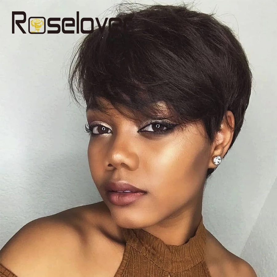 

Short pixie cut Bob Straight Human Hair Wigs Remy Brazilian lace front Natural Wig For Black Women, Natural color