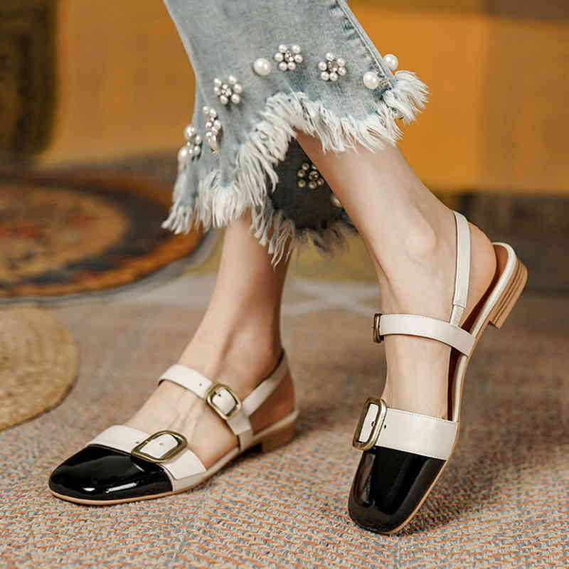 

sandals mix the color of cow hide comfortable stiletto slings down women's metal buckles decoration ladies causal shoes mary jane mzth, Black