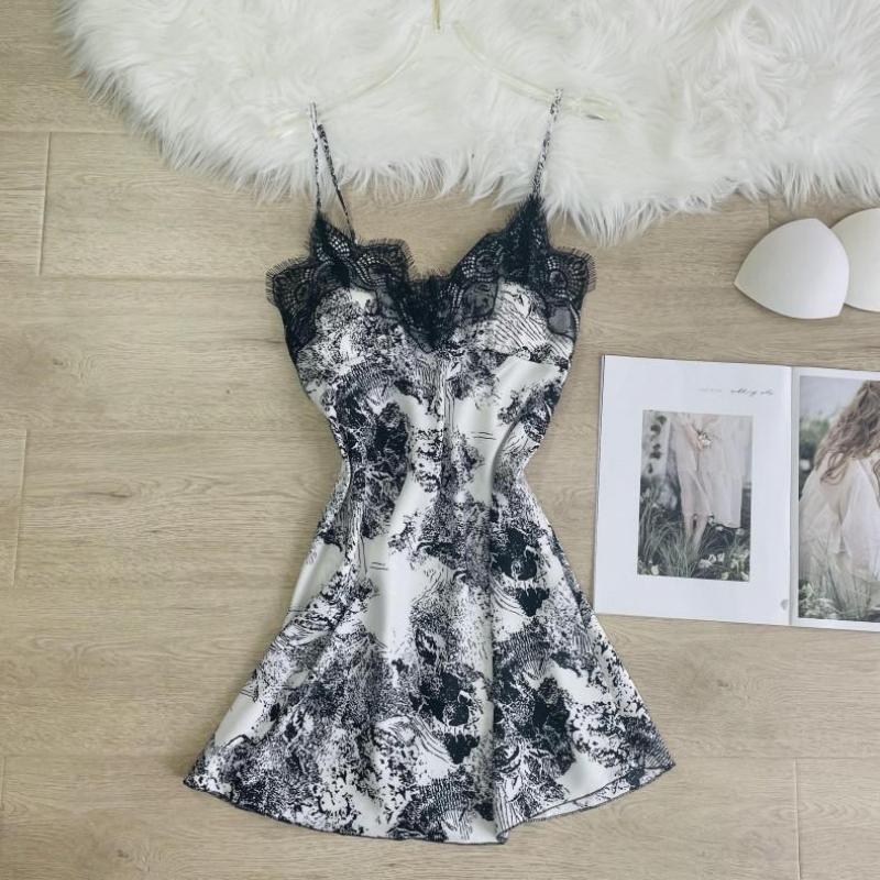 

Women's Sleepwear Female Nightgown V-Neck Satin Printed Nightdress Lace Trim Sleep Dress Summer Nightwear Kimono Dressing Gown Lingerie, Black