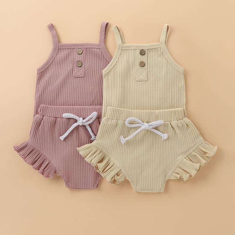

INS Summer Baby Kids Girls Clothing Sets Knitted Cotton Front Buttons Designer Sleeveless Rompers with Straps Shorts 2pcs Toddler Suits Outfits