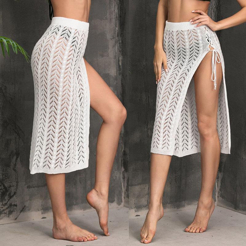 

Women' Knitting Skirt Sexy Hollow Out Perspective Split Beach Sunscreen Crochet Side Seam Swimwear, White