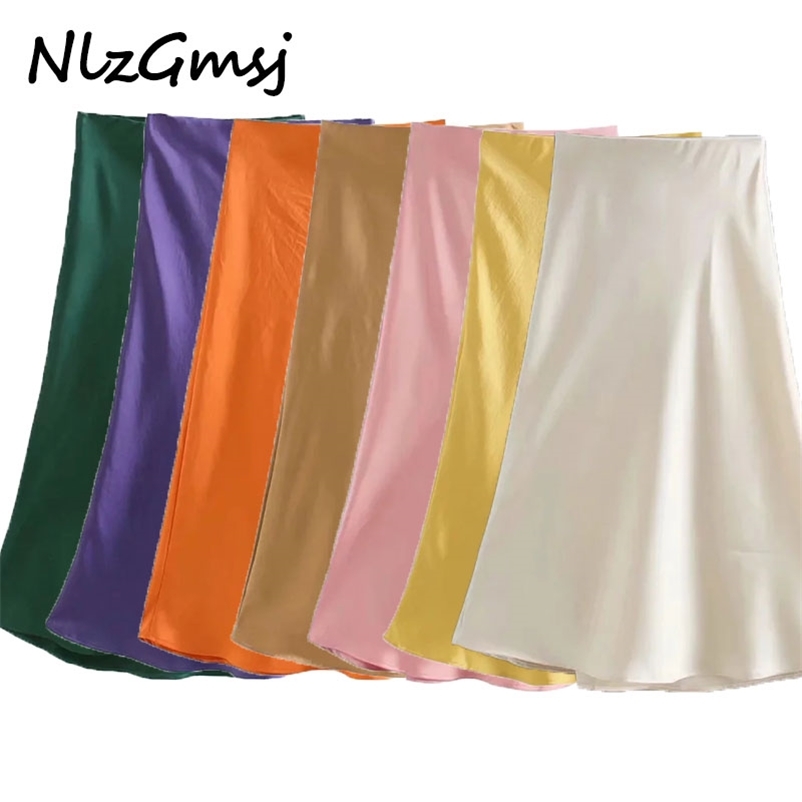 

Skirt Summer Silk Satin High Waisted Elegant Office Ladies Midi Party Skirt 05 210628, As picture