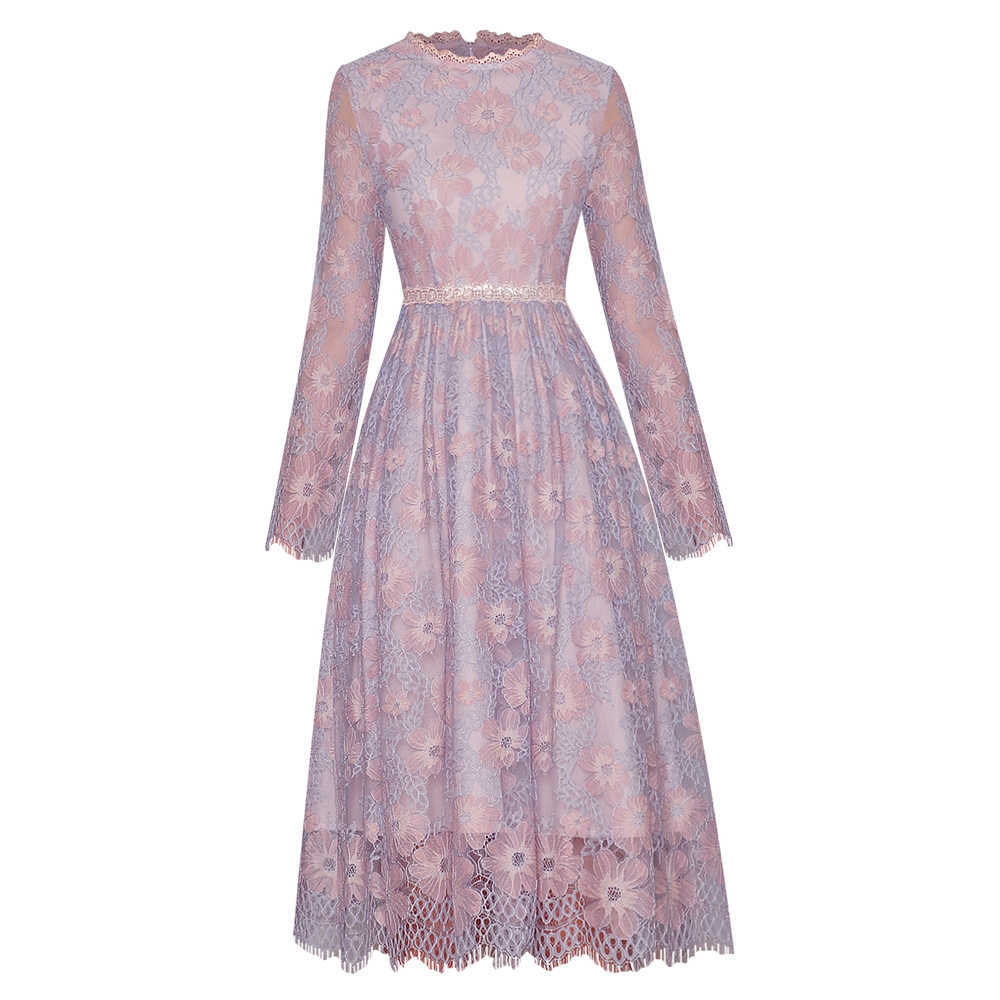 

HIGH QUALITY est Designer Fashion Long Sleeve Midi Lace Dress 210526, Pink