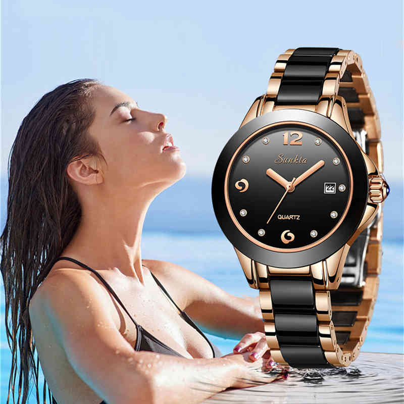 

SUNKTA Gift Quartz Women Watches Ceramics Stainless Steel Watches Women Top Luxury Brand Ladies Boutique Watch Reloj De Dama 210517, White