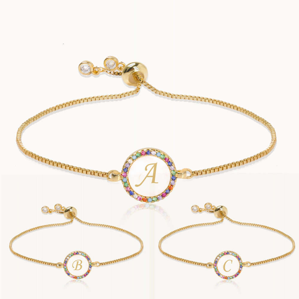 

bracelet 26 letter pull shell bracelet disc Bracelet colorful zirconium Box Chain, Golden;silver
