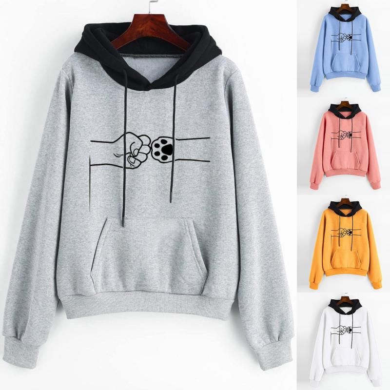 

Gym Clothing Ladies Pullover Fashion Fist Animal Footprint Print Long Sleeve Hooded Sweater Top Casual Street Hip Hop Hoodie, White;black