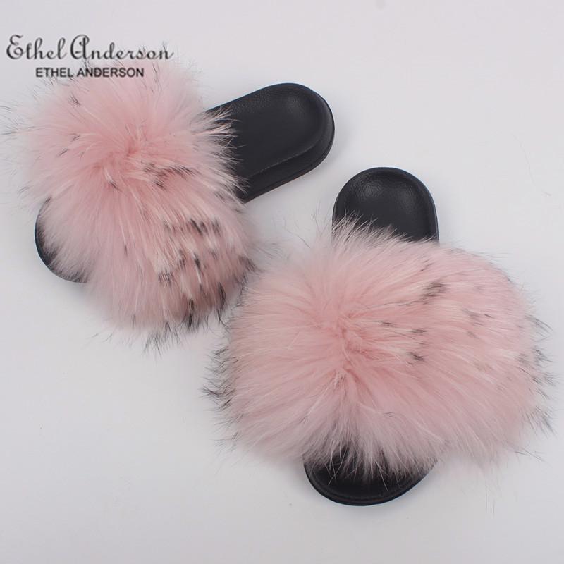 

Slippers Ethel Anderson Genuine Fur Slides Beauty Summer Fluffy Flip Flops Good Quality Cozy Raccoon Sandals Shoes, Black