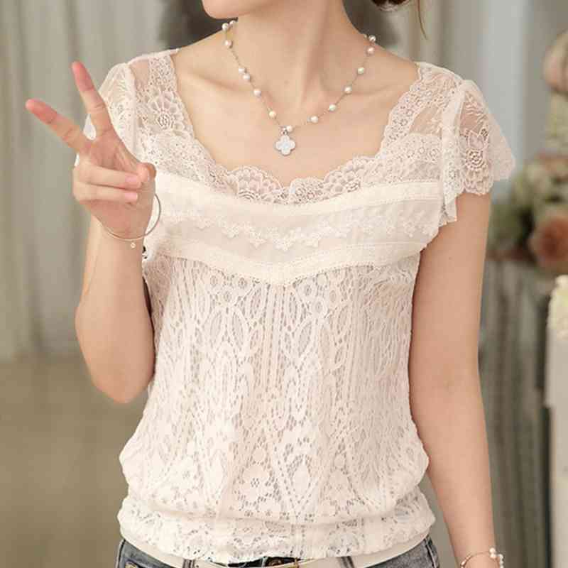 

Women Blouses Femme Blouse Women Blusas Mujer De Moda Short Sleeve Summer Tops Women V-Neck White Lace Blouse Shirt E703 210602