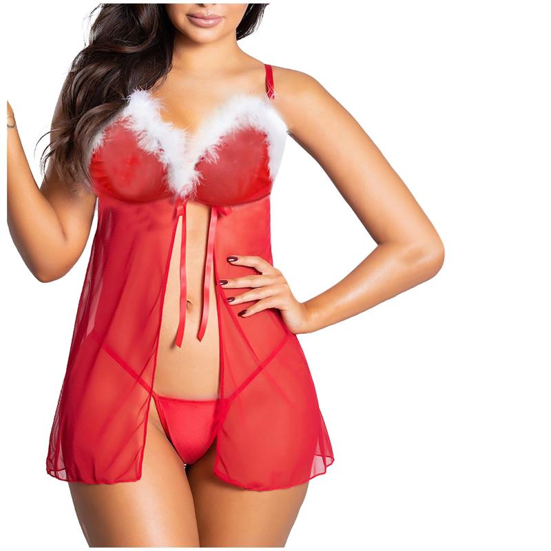 

Bras Sets Christmas Lingerie Sexy Porno Women Bandage Sleepwear Lace Feather V-collar Net Nightgown With Thong Exotic Costumes, Red;black