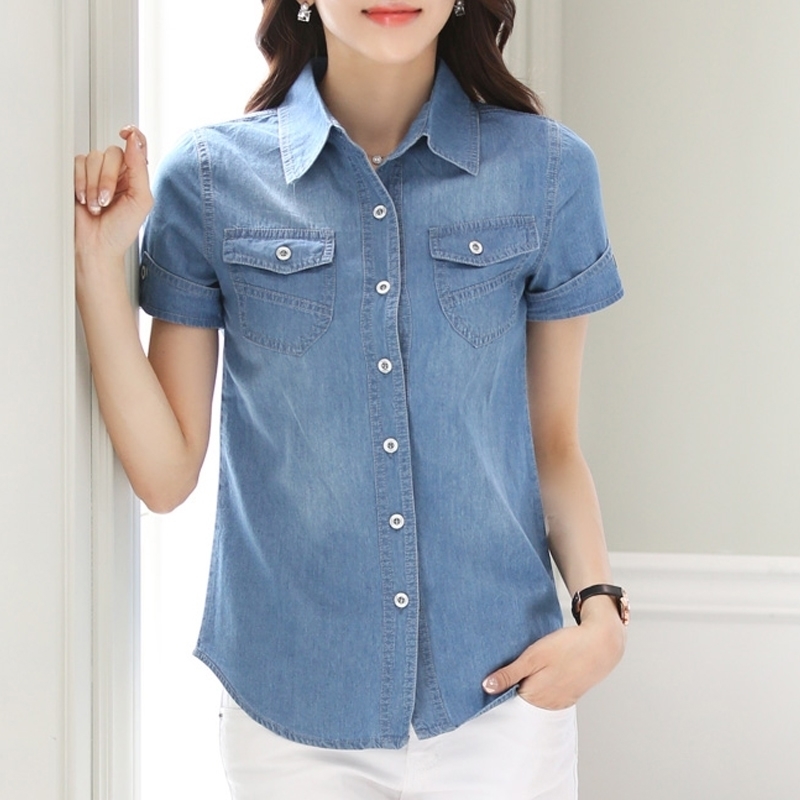 Loose Denim Women Blouse short Sleeve Denim jacket Women Tops Blusas Vintage Denim Shirts Female Cotton Casual Clothing 50B 210317