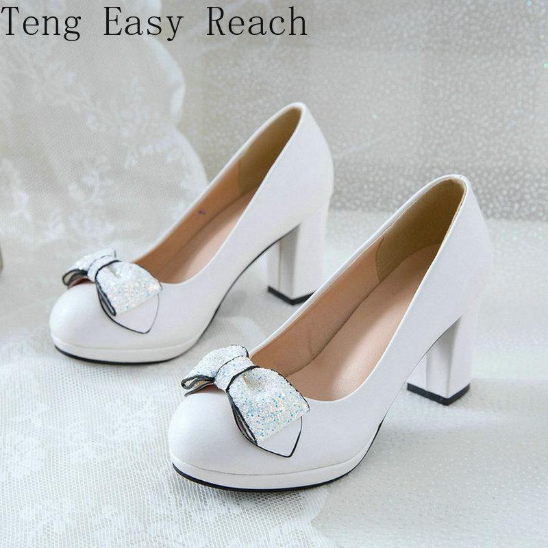 

PU Leather Women High Heel Shoes Sweet Butterfly Knot Square Pumps Ladies Lazy Black White Beige 41 42 43 Dress