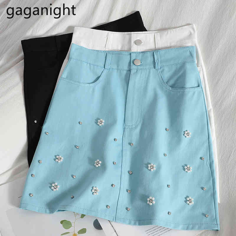 

Gaganight Women High Waist Mini Wrap Skirt Summer Beading Solid A-line Pockets Pencil Skirt Female Elegant Bodycon Short Skirts 210519, White