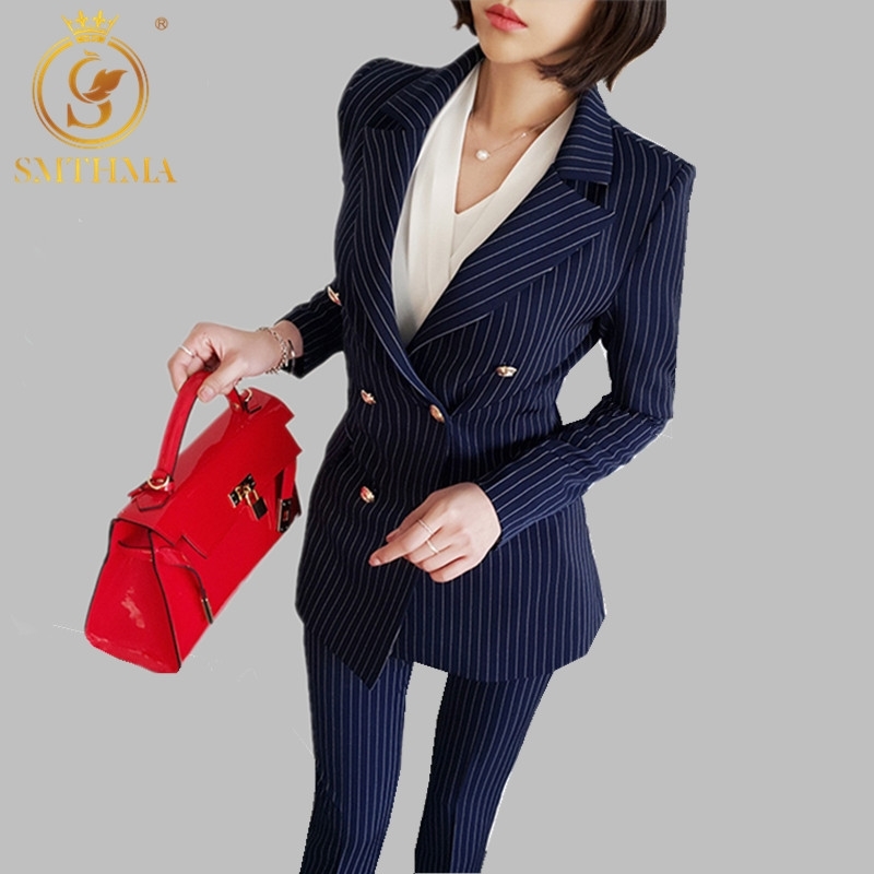 

Autumn Office Lady Women Trouser suit Fashion Double Breasted Stripe Outerwear + Formal Pencil Work Wear Pants Set 210520