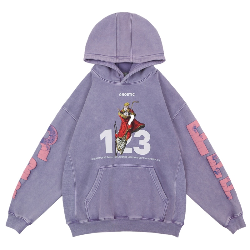 

Men's Foam Printed Retro Purple Hoodies High Street Long sleeve Streetwear Hip Hop Fleece casual Loose Fit Designer Hoodie