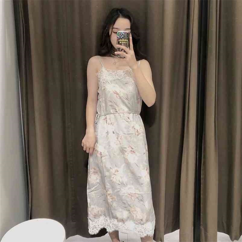 

Summer Chiffon A-Line Spaghetti Strap Printing Lace Pullover Casual Women Knee-length Dress 210524, Mixed color