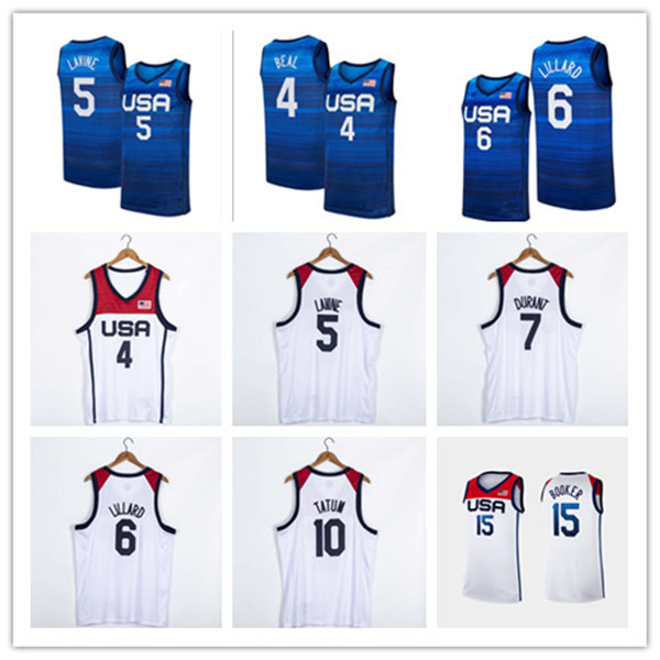 

US Basketball Jersey 2020 Olympics 7 Blue Kevin Durant 15 Devin Booker 10 Jayson Tatum 6 Damian Lillard Zach LaVine Bradley Beal USA, White