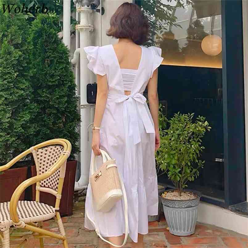 

Women Summer Sexy Solid Backless Dress Vintage Ruffle Sleeve Square Collar Korean A-line Long Vestidos Fashion 210519, White