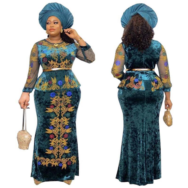 

Ethnic Clothing MD Luxury Mesh Sleeve Velvet Dresses For Women African Dashiki Embroidery Long Dress No Headtie Nigerian Robe Party Kaftan W