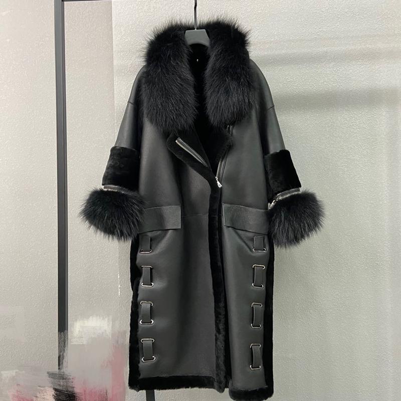 

Women' Fur & Faux 2021 Winter Style Beauty Merino Genuine Imported Raccoon Long Designer Fashion All-in-one Leather Jacket, Black