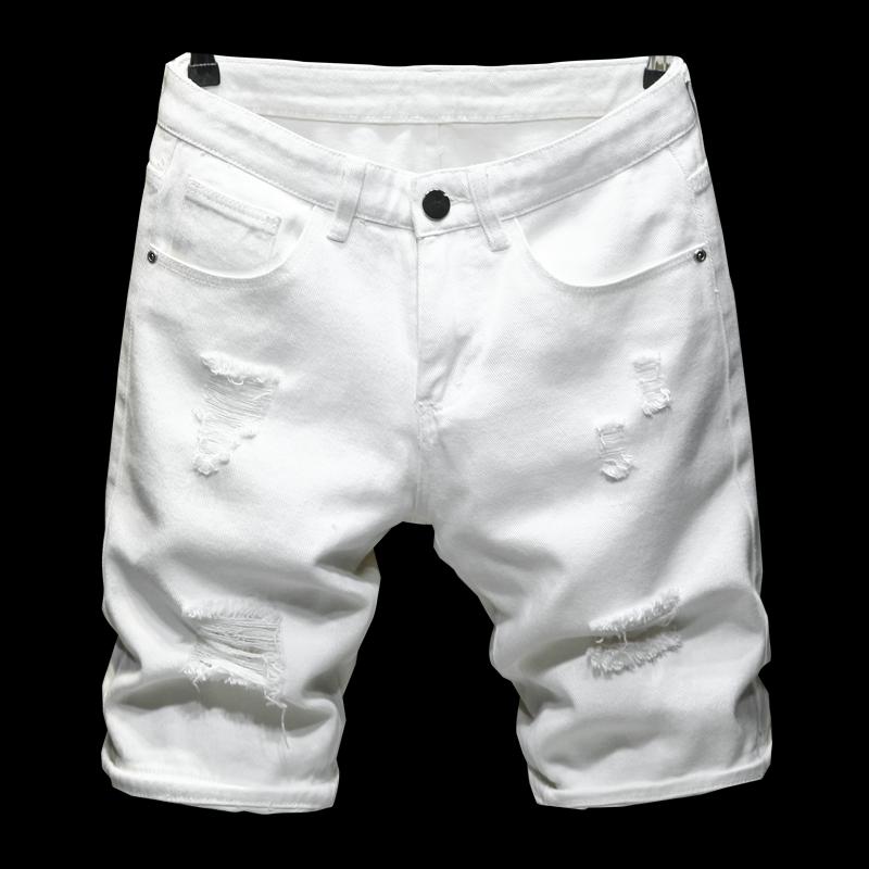 

Summer Pure White Black Lightweight Ripped Denim Shorts Classic Brand Clothing Young Men's Slim Straight Casual Jeans