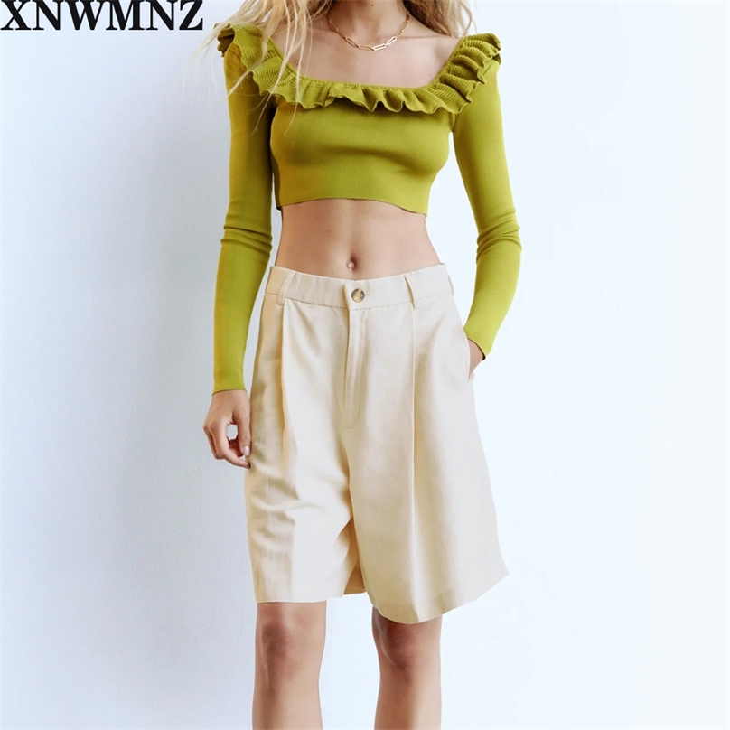 

Spring Autumn Vintage knit sweater with ruffle trim Cropped round ruffled neckline long sleeves Female Chic tops 210520, Olive green